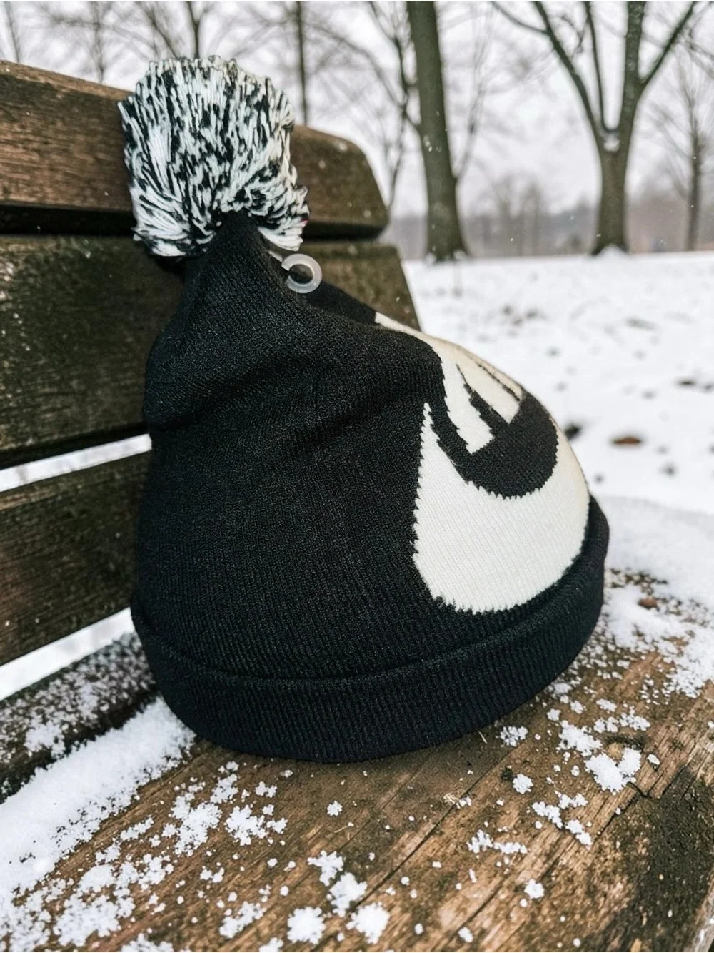 Nike Beanie With Pom Black/White Child One Size Swoosh Logo Outdoor